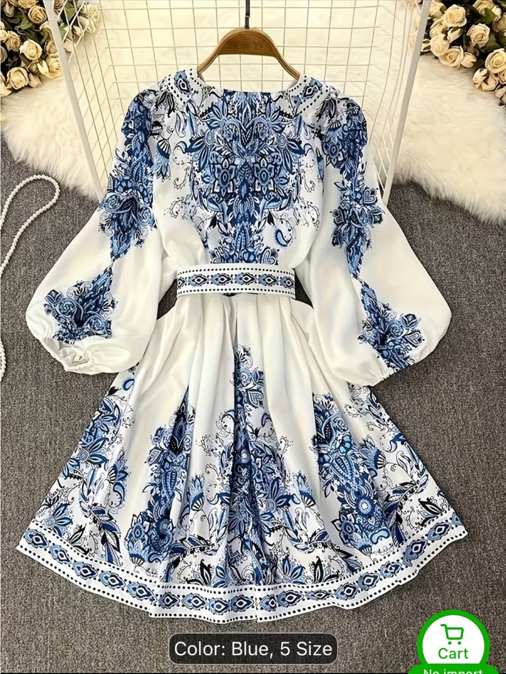 White & Blue Print Mini Dress - V-Neck Boho Tunic - Picture 10 of 12